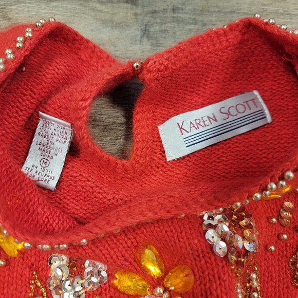 Vintage Angora Silk Blend Sweater Red Holiday Beaded Karen Scott Size Medium - Picture 4 of 15